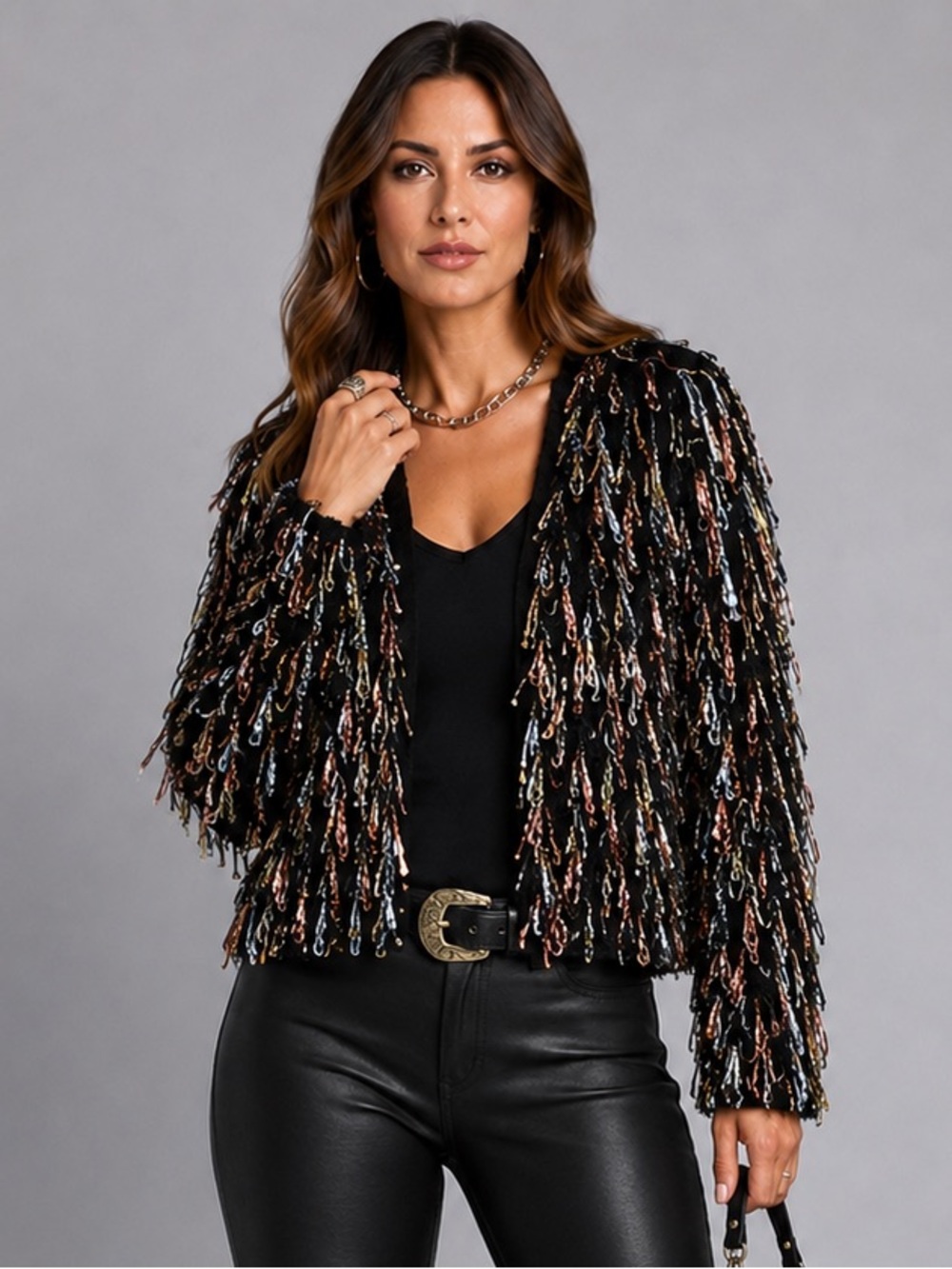En Crème Shag Cardigan Sweater Black Multicolor Gold Foil Fringe S/M